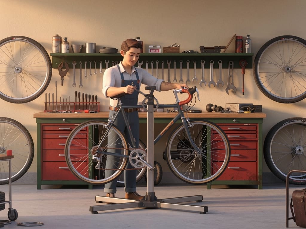 Meccanico che regola una bicicletta da città su un cavalletto in officina