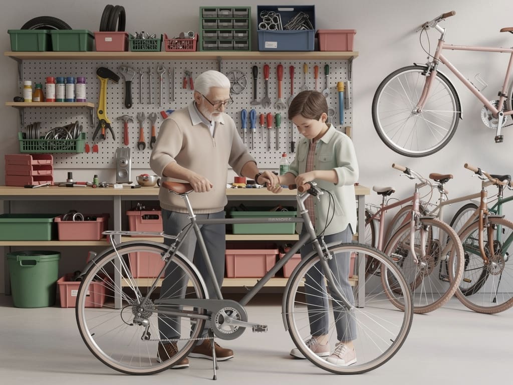 Familiari al lavoro insieme in una piccola officina di biciclette a Genova